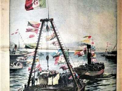 La prima pagina del 1� marzo 1925 mostra invece la posa in mare della prima pietra del molo foraneo del nuovo porto di Bari. L�immersione del blocco, contenente una pergamena commemorativa, avvenne a 700 metri dalla riva con una barca addobbata a festa per l�occasione